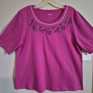 Blair Pink Short-Sleeve Scoop Neck Top with Embroidered Floral Trim
